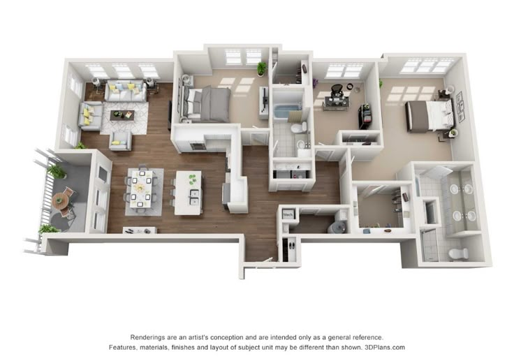 the floor plan for a two bedroom apartment with an attached kitchen, living room and dining area