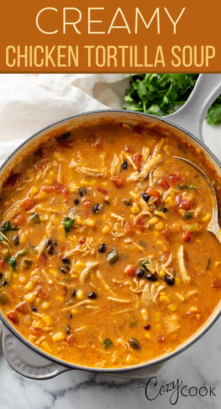 chicken tortilla soup in a bowl with a silver spoon Dinner Idea Easy, Creamy Chicken Tortilla Soup, Lime Slaw, Chicken Tortilla Soup Recipe, Chicken Tortillas Soups Recipe, Avocado Crema, Tortilla Soup Recipe, Crockpot Soup Recipes, Ground Beef Recipes For Dinner