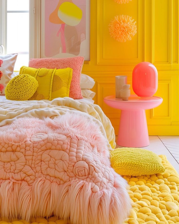 a bedroom with yellow and pink decor on the walls, bedding and rugs