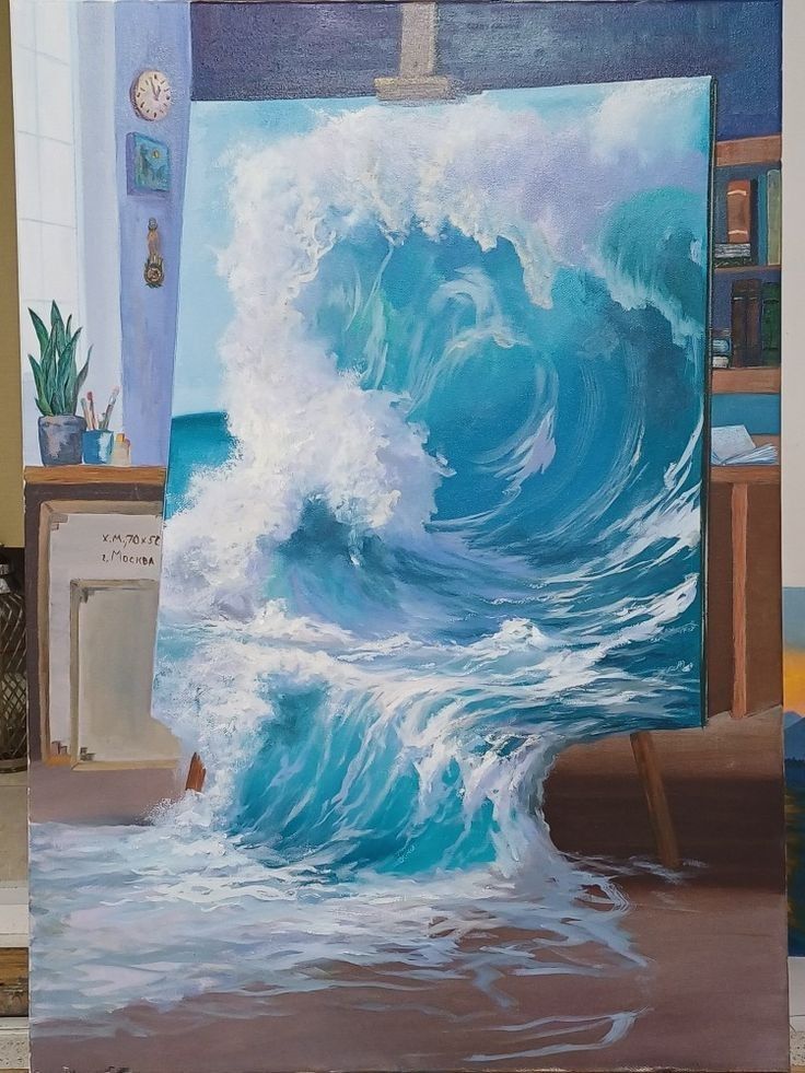 an easel with a painting of a wave in the ocean on it's side