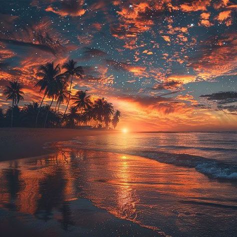 the sun is setting at the beach with palm trees in the foreground and stars in the sky