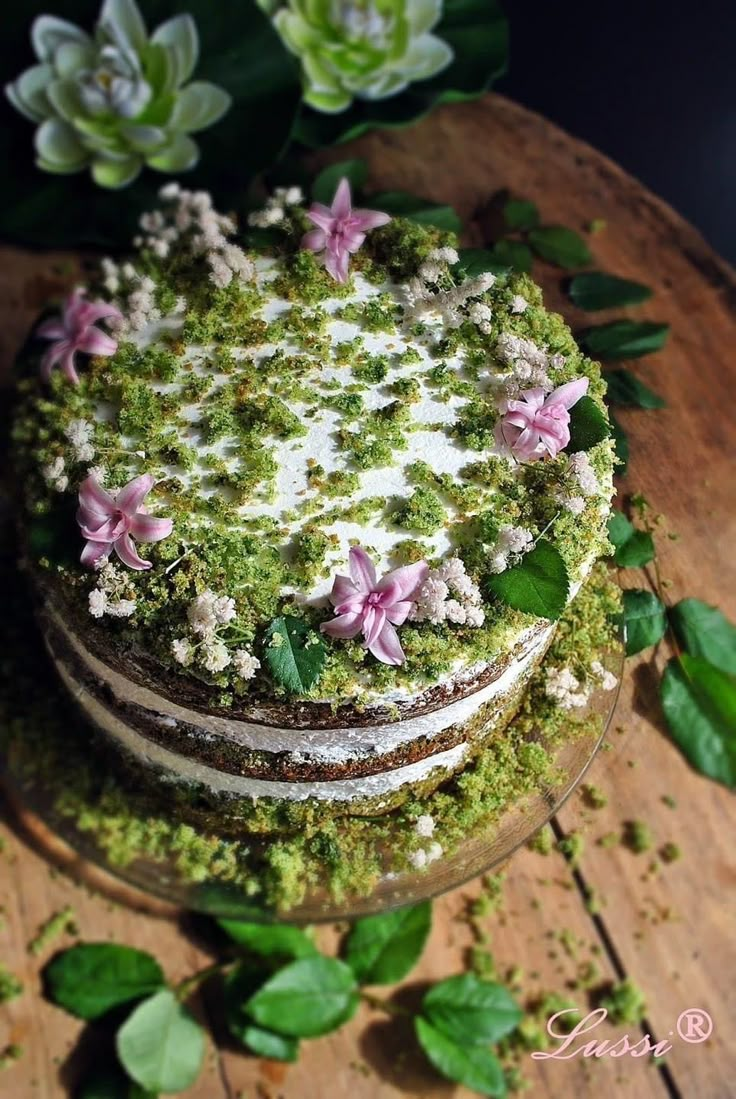 there is a cake that has flowers on top of it and green leaves around the edges