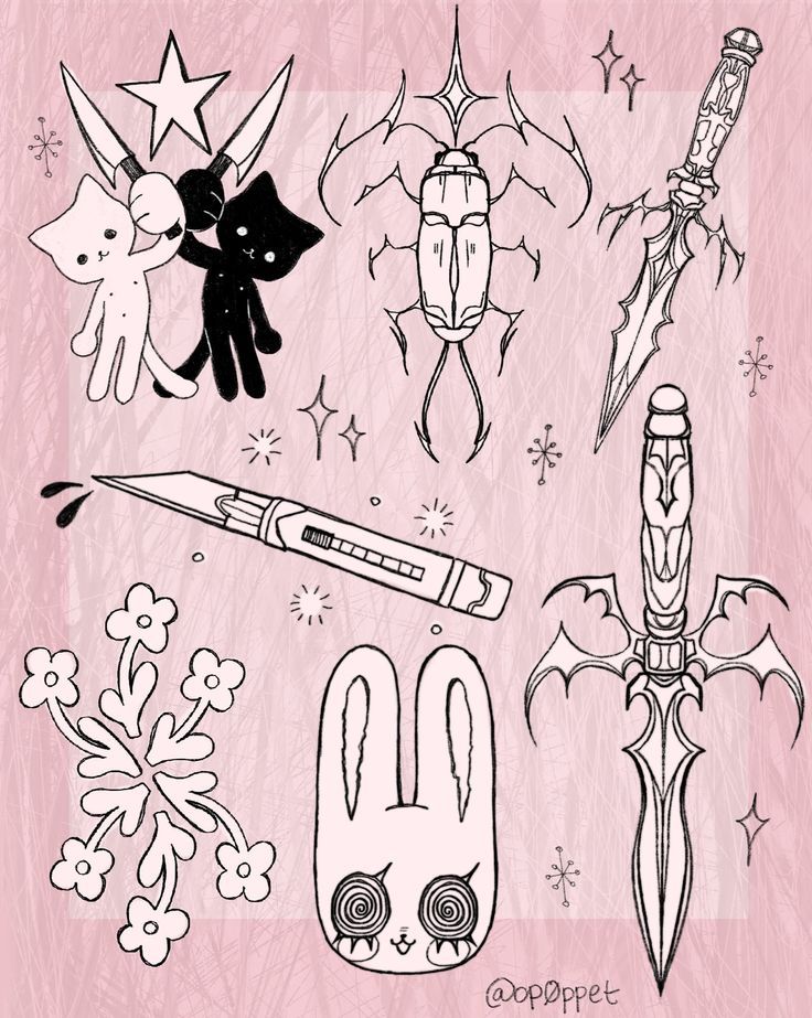 an ink drawing of different types of tattoos on a pink background with snowflakes and stars