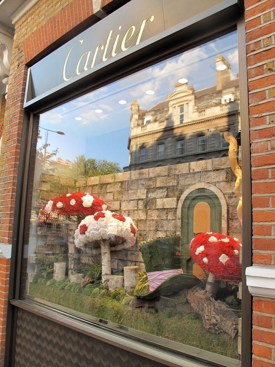 there are many flowers displayed in the window on this storefront display case, as well as an image of a castle