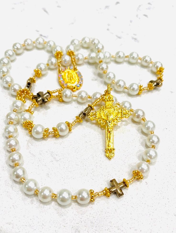 Custom Rosary Personalized Handmade Rosary for Wedding - Etsy Gold Cross Rosary For Wedding, Gold Wedding Rosary With Cross Shape, Elegant Cross Rosary For First Communion, Elegant Pearl Rosary For First Communion, Elegant Pearl Jewelry For Baptism, Elegant Pearl Jewelry For Confirmation, Elegant Pearl White Jewelry For Baptism, Personalized Gold Pearl Necklace For Wedding, Spiritual Pearl Jewelry For Baptism