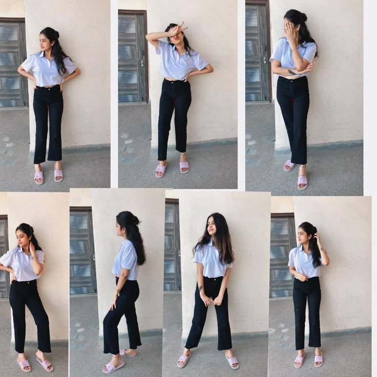 a collage of photos of a woman leaning against a wall and wearing black pants