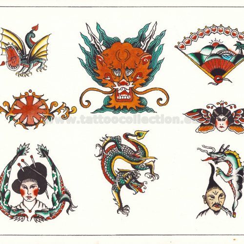 an old school tattoo design with different designs on the back of it, including dragon heads and