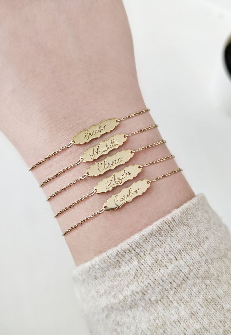 14K 9K Personalized Engraved Name Bar Bracelet, Vintage Bar Bracelet, Dainty solid gold chain bracelet, Custom Name Bracelet, Pesonalized Jewelry, Unique Gift, BFF Gift, Gift for her, FREE EXPRESS SHIPPING Dainty solid/real gold bracelet with a unique vintage/baroque inspired bar engraved with your name! A personal and beautiful gift for every occasion! ------------------------------------------- D E T A I L S 14K Solid Gold or 9K Solid Gold Bar Dimensions: 22mmx6.3mm / approx. 0.87''x 0.25'' En Elegant Engraved Gold-plated Chain Bracelet, Elegant Engraved Gold Plated Chain Bracelet, Elegant 14k Gold Nameplate Chain Bracelet, Rose Gold Engraved Nameplate Bracelet, Elegant 14k Gold Nameplate Bracelet, Engraved Rose Gold Nameplate Bracelet, Personalized Yellow Gold Name Bracelet In Fine Jewelry Style, Gold Nameplate Chain Bracelet With Name, 14k Gold Name Bracelet Jewelry