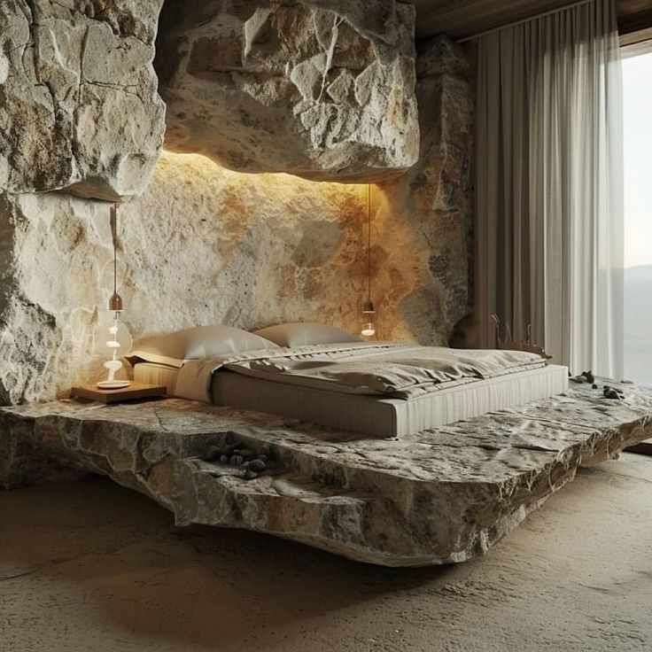 a bedroom with stone walls and flooring is lit up by lights that are on either side of the bed