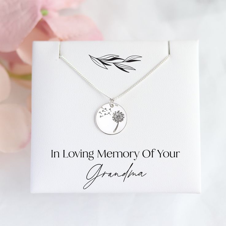 Embrace the tender memories of a cherished grandmother with our Memorial Loss of Grandma Necklace.  This graceful 925 sterling silver dandelion pendant, a symbol of resilience and the continuation of life's cycle, offers comfort during times of mourning.  A thoughtful handmade sympathy keepsake, it provides solace as a grief support stone, embodying healing energy in every link. ∙ Pendant: Silver dandelion design encased in a circular frame measures  1.4 cm ∙ Chain: Solid Sterling Silver length 16 inch (40 cm), 18 inch (45 cm)  ∙ Packaging: Presented on a heartfelt card with a consoling message ∙ Material: Hypoallergenic, nickel-free 925 sterling silver The Memorial Loss of Grandma Necklace is not just a piece of jewellery but a beacon of comfort for those grieving, a symbolic keepsake to Personalized Necklace For Mother's Day Remembrance, Personalized Spiritual Necklaces For Remembrance, Engraved Jewelry For Mother's Day Remembrance, Mother's Day Remembrance Engraved Jewelry, Silver Remembrance Round Pendant Jewelry, Spiritual Sterling Silver Necklace With Birth Flower, Mother's Day Memorial Necklace With Hallmark, Mother's Day Memorial Hallmark Necklace, Memorial Birthstone Necklaces