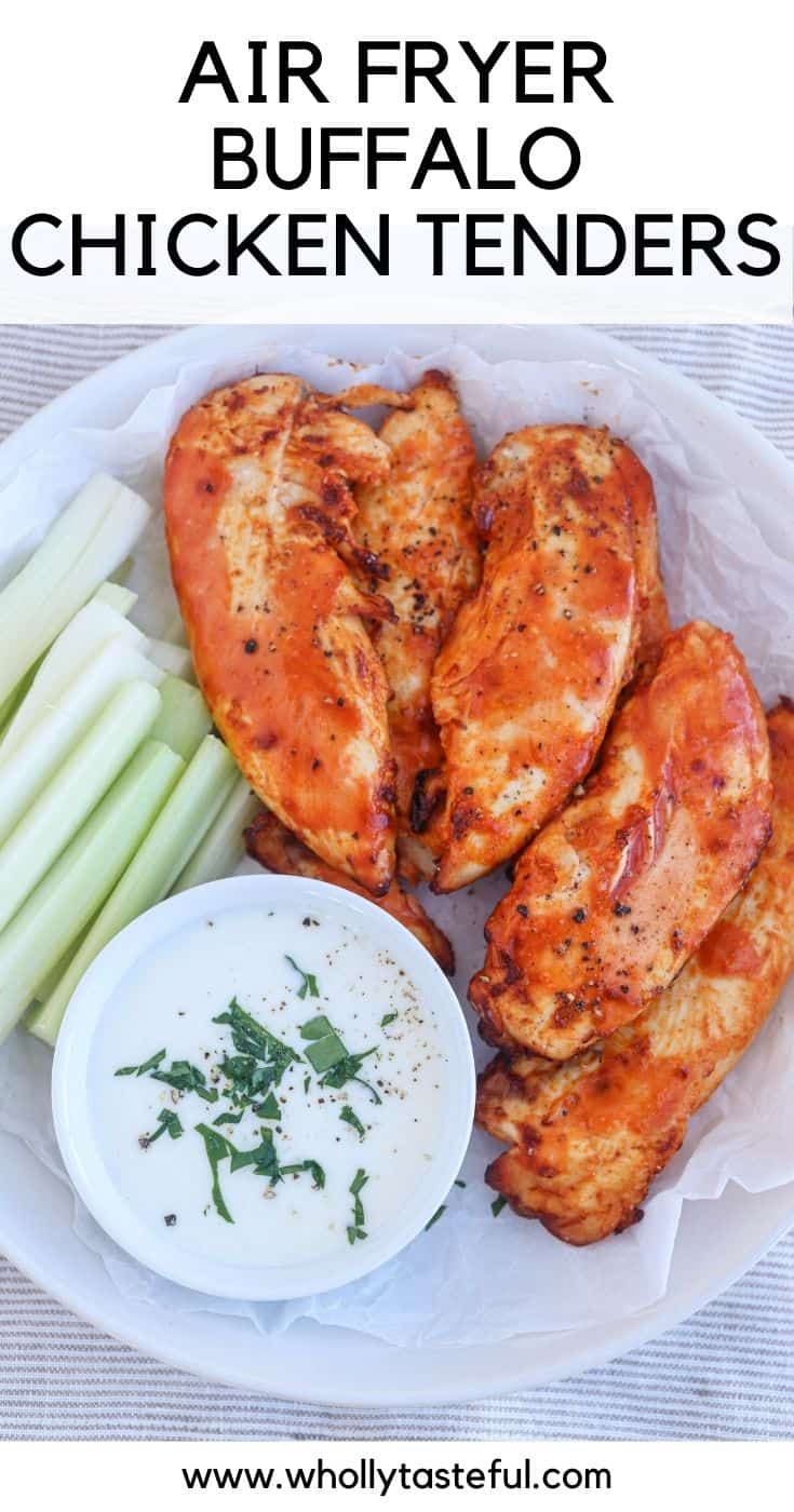 grilled chicken tenders on a white plate with ranch dressing and celery