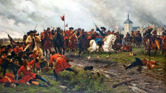 an image of a painting of soldiers on horses and men in red uniforms with flags