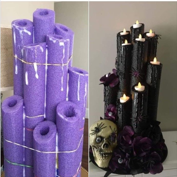 two pictures side by side, one with purple candles and the other has skulls on it