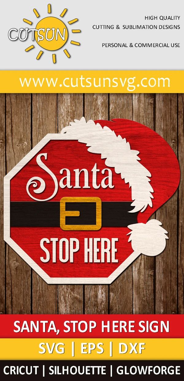 santa stop here sign with santa's hat on it