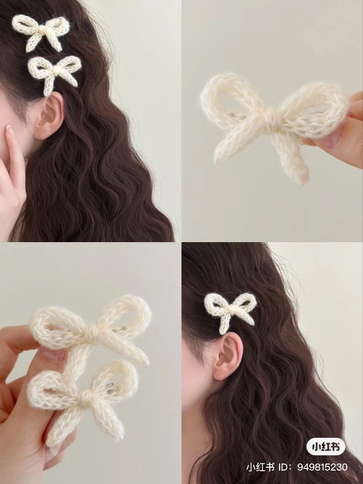 four pictures of different types of hair clips with bows on top and bottom, one in white