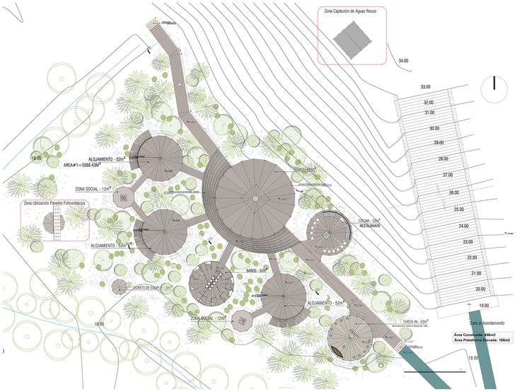 an aerial view of a park with lots of trees and plants on it, including several pavilions