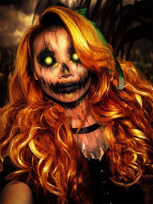 15+ Scary Pumpkin/ Jack o Lantern Halloween Face Makeup Ideas & Looks 2019 - Idea Halloween Pumpkin Makeup Ideas, Maquillage Halloween Simple, Scary Dark, Makeup Zombie, Halloween Make-up Looks, Creepy Halloween Costumes, Pumpkin Scary, Scary Halloween Pumpkins, Pumpkin Halloween Costume