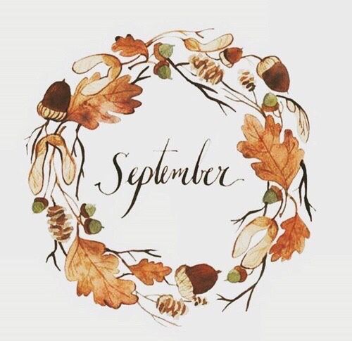 a watercolor wreath with leaves and acorns in the center that says, september