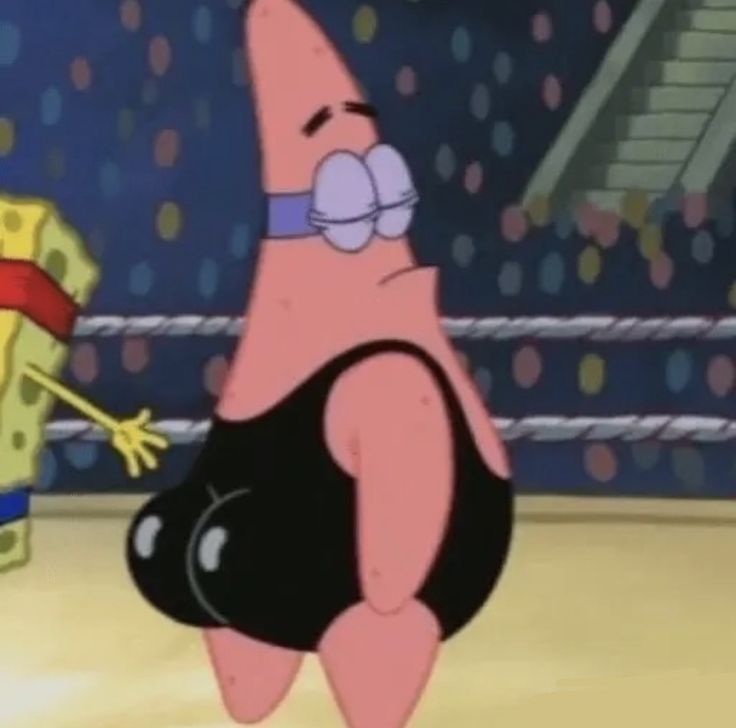 spongebob and patrick in the ring with one leg up on his head, while another