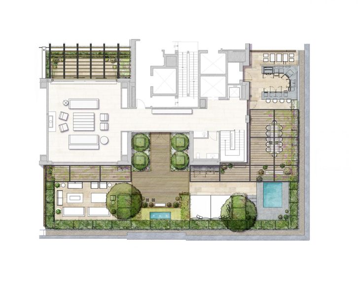 the floor plan for a house with an outdoor swimming pool and patio area, as well as two separate living areas