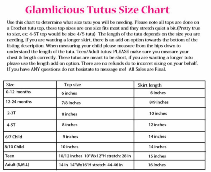 the glamlicious tutus size chart is shown with instructions for how to use it