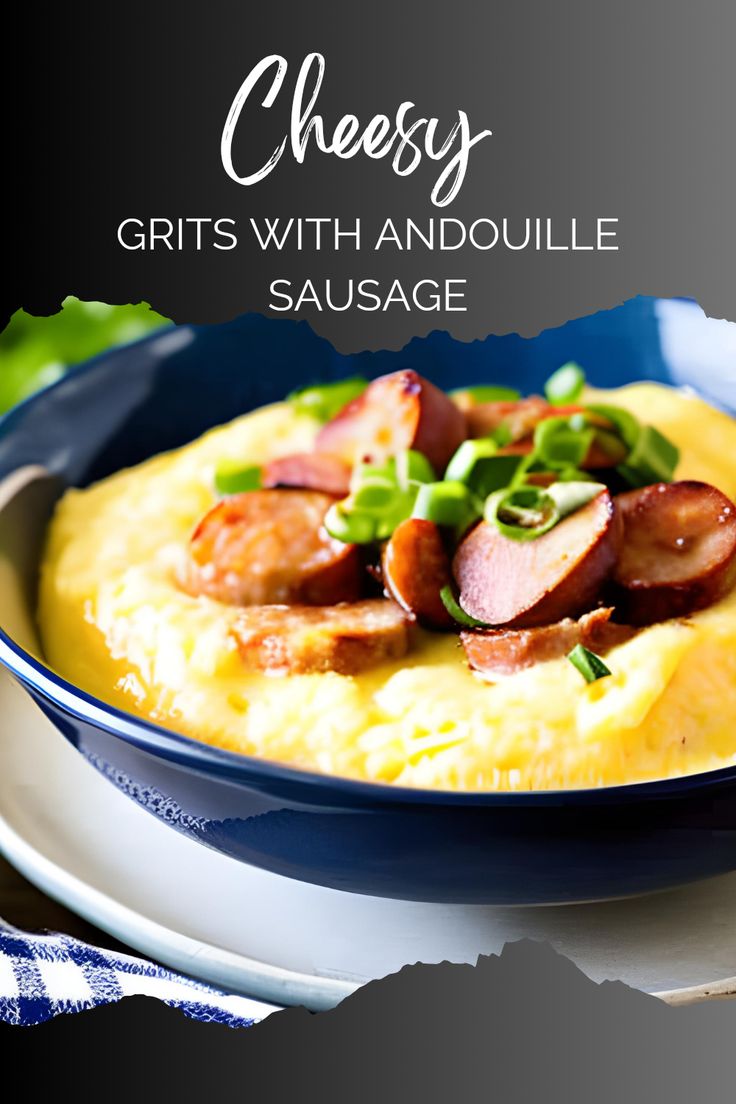 a blue plate topped with grits and sausage