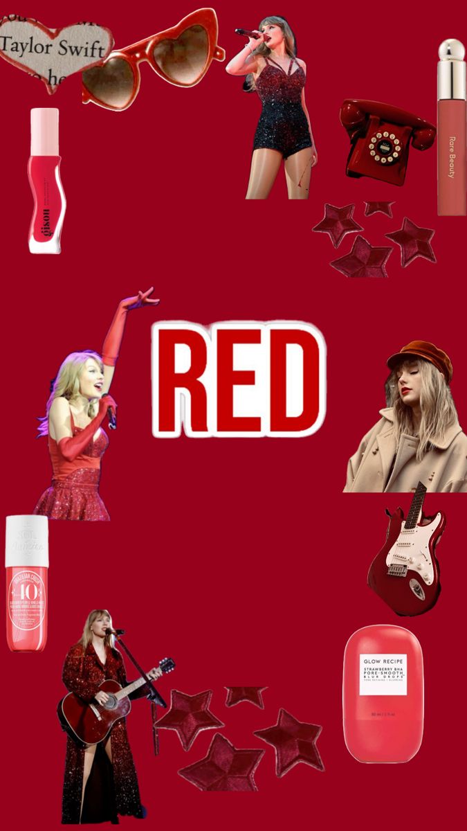 a collage of red items including lipstick, sunglasses and other things on a red background