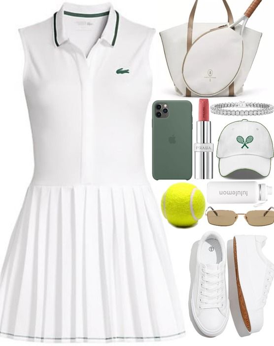 a white tennis outfit with green accents and accessories