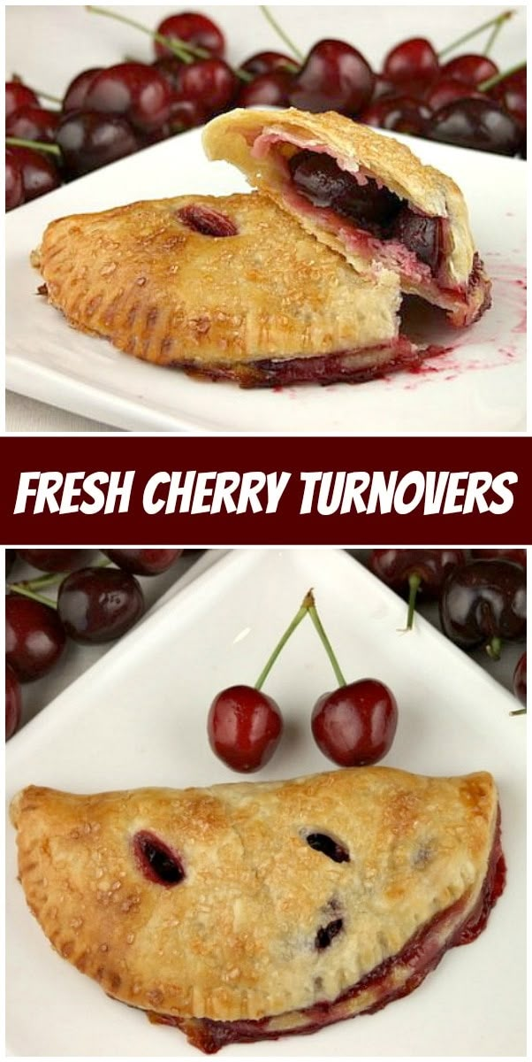 fresh cherry turnovers on a white plate with cherries