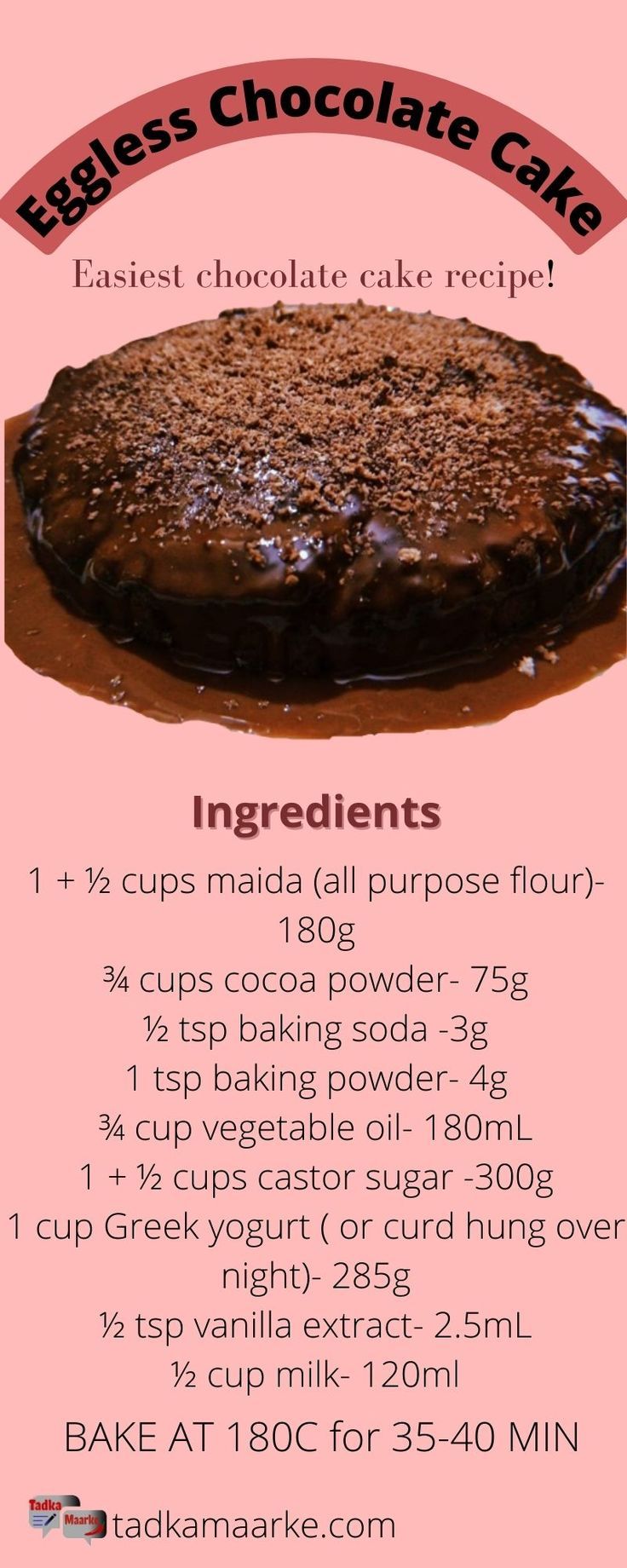 an advertisement for chocolate cake with instructions to make it in english and spanish, on pink background