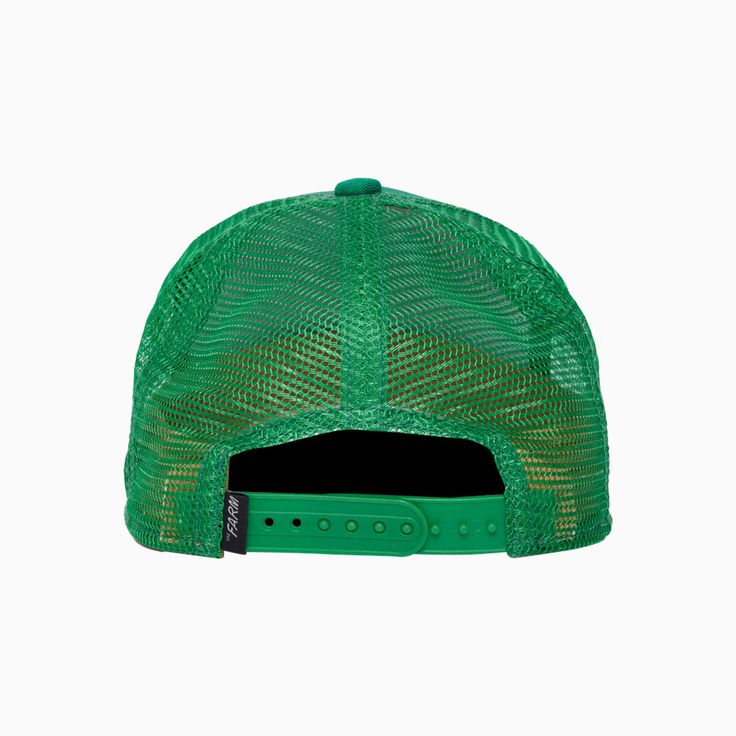 the green trucker hat is shown on a white background