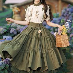 Strap Skirt, Style Kawaii, Lace Trim Blouse, Flower Blouse, Sunflower Shirt, Green Blouse, Jumper Dress, Kawaii Fashion, Embroidered Lace