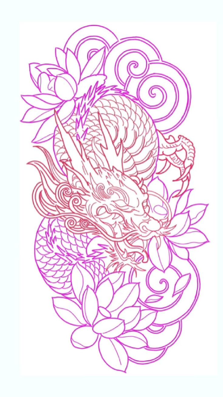 a drawing of a dragon with flowers on it's head and leaves around it