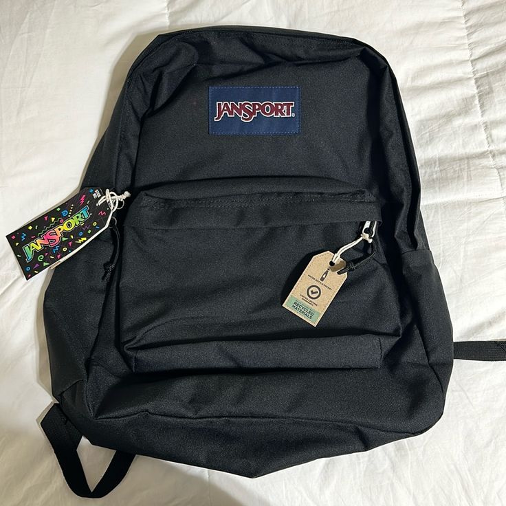 Nwt. Super Break Black Backpack Black Backpack Jansport, Bookbags Aesthetic, Alternative Backpack, Japan Backpack, Black School Backpack, Black Jansport Backpacks, Black Jansport, Jansport Backpacks, Mochila Jansport