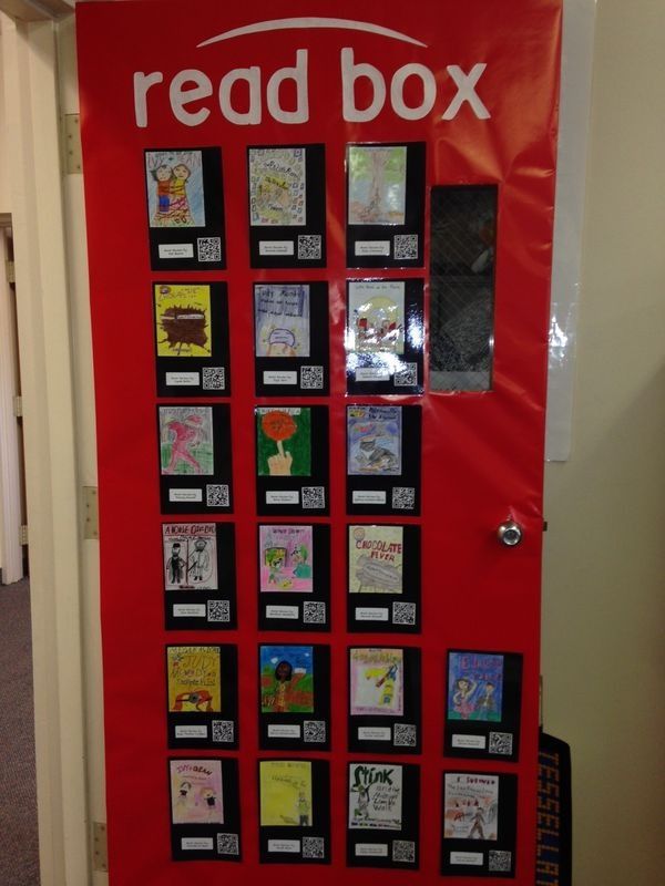 the read box door is decorated with many different books on it and has been placed in front of an open door