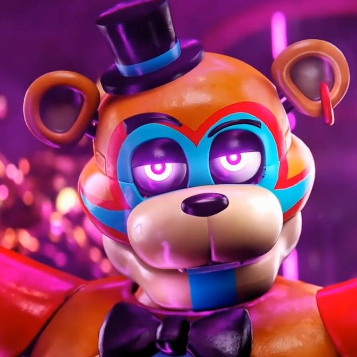 an animated character wearing a top hat and bow tie with purple lights in the background