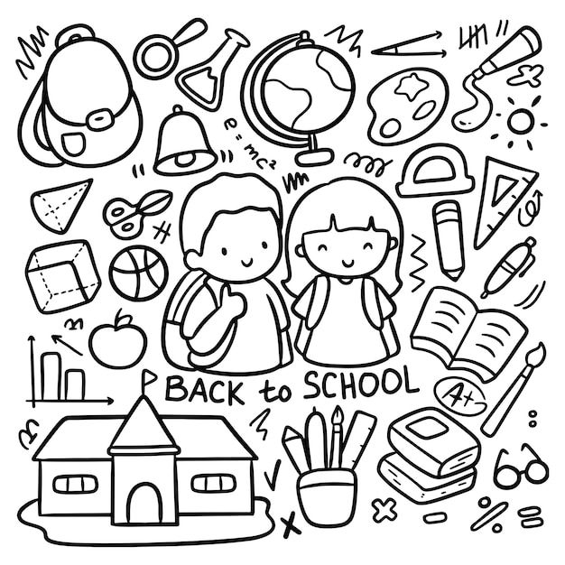 the back to school coloring page is shown with black and white illustrations on it, including books