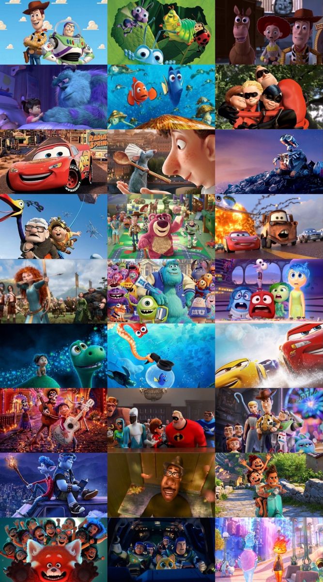 A collage with 9 rows and 3 columns displaying images from each of the first 27 Pixar films. In order, the films pictured are Toy Story; A Bug’s Life; Toy Story 2; Monsters, Inc.; Finding Nemo; The Incredibles; Cars; Ratatouille; WALL-E; Up; Toy Story 3; Cars 2; Brave; Monsters University; Inside Out; The Good Dinosaur; Finding Dory; Cars 3; Coco; Incredibles 2; Toy Story 4; Onward; Soul; Luca; Turning Red; Lightyear; and Elemental. Pixar Movie Characters, Finding Nemo Scenes, Disney Pixar Aesthetic, All Pixar Movies, Pixar Movies Characters, Zootopia Movie, New Pixar Movies, Disney Movie Art, Moana 2