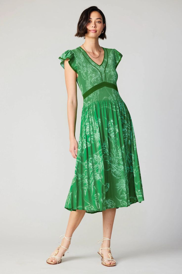 Carolina Pleated Skirt Midi Dress – CURRENT AIR Flowy Floral Print V-neck Dress, Green V-neck Dress With Pleated Waist, Feminine V-neck Flowy Midi Dress, Floral Print Fit And Flare Midi Dress With V-neck, Floral Print V-neck Fit And Flare Midi Dress, Spring Green Cap Sleeve Dress, Green Cap Sleeve Spring Dress, Floral Print Dress With Flutter Sleeve And Flowy Skirt, Floral Print Dresses With Flutter Sleeves