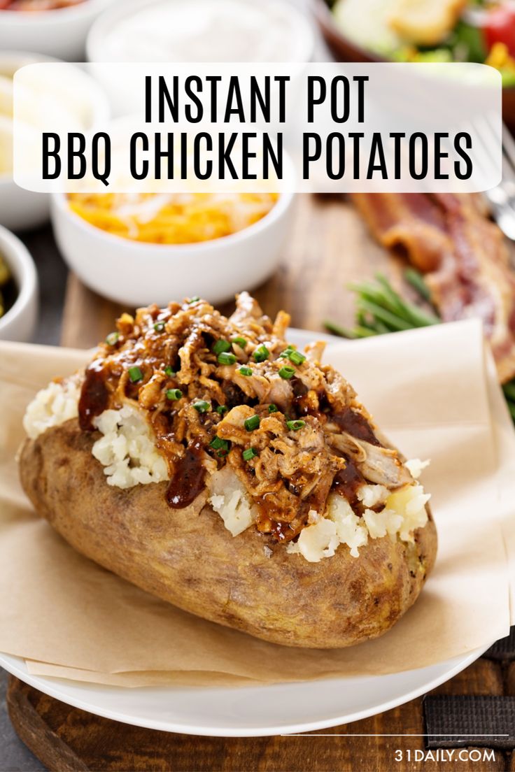 instant pot bbq chicken potatoes on a white plate with text overlay that reads instant pot bbq chicken potatoes