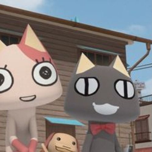 two cartoon cats standing next to each other in front of a building