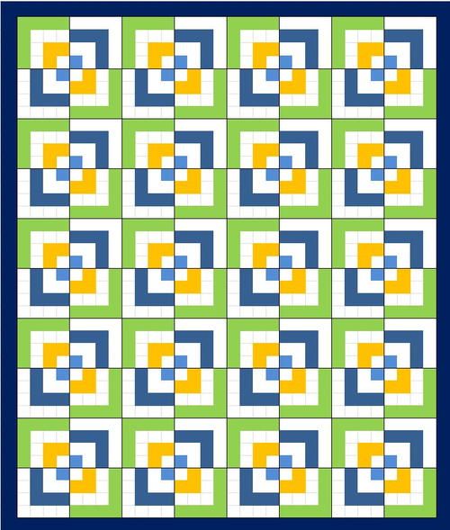 a blue and green quilt with yellow squares on the bottom, in an abstract pattern