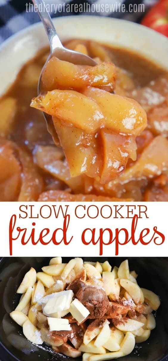 slow cooker fried apples in a black bowl with text overlay that reads, slow cooker fried apples