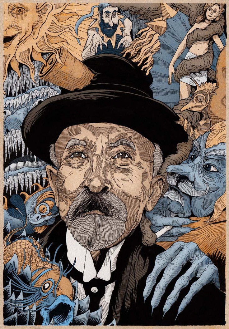 a drawing of a man with a hat and mustache in front of many different monsters