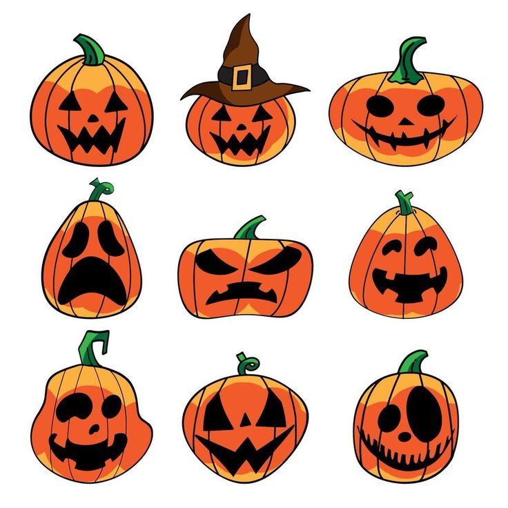 halloween pumpkins with faces drawn in different styles and colors, including jack - o'- lanterns