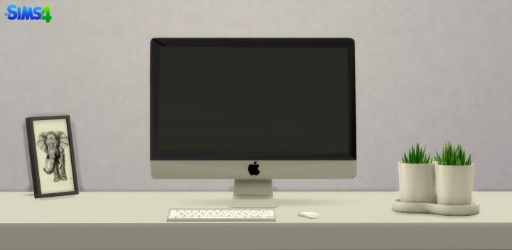 a computer monitor sitting on top of a desk next to a potted green plant