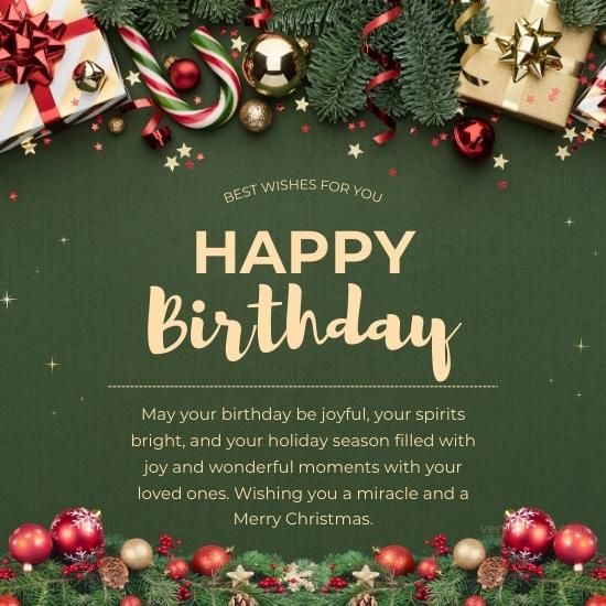 a happy birthday card with presents and christmas decorations