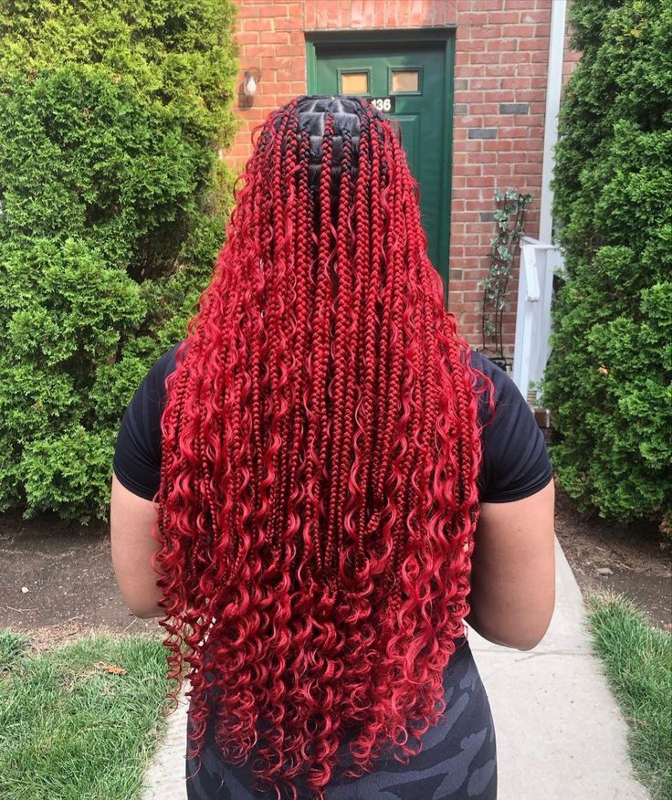 Red hair, red braids, red goddess braids, goddess braids, red heads Red Curly Braids Black Women, Red Single Braids, Braids In Different Colours, Red Goddess Braids Hairstyles, Red Medium Boho Knotless Braids, Red Knotless Box Braids Medium, Goddess Braids Red And Black, Red Braiding Hairstyles, Dark Red Goddess Braids