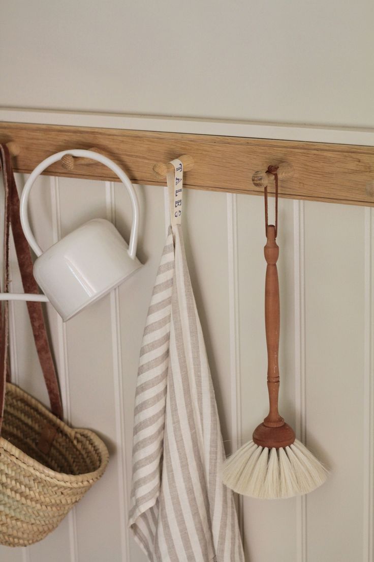 oak peg rail with 6 pegs Hallway Hooks, Hallway Update, Shaker Peg Rail, Cottage Style Bathrooms, Utility Area, Peg Wall, Peg Rail, Shaker Pegs, Room Pantry