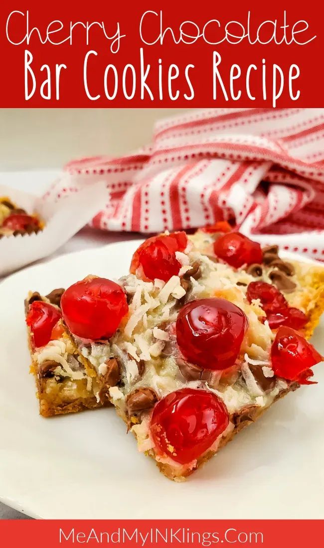 cherry chocolate bar cookies recipe on a white plate